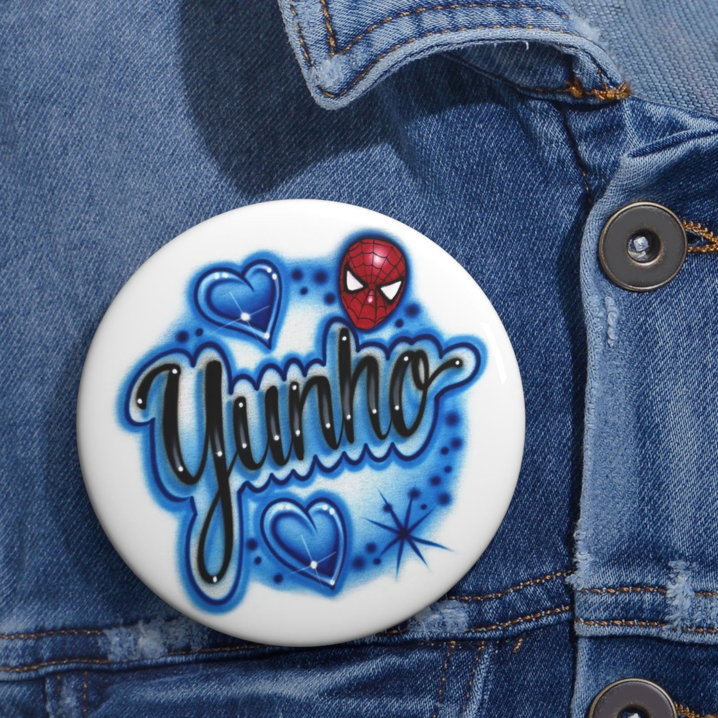 (Printed) Airbrushed Button - Yunho - Hearts and starbursts - Spiderman head