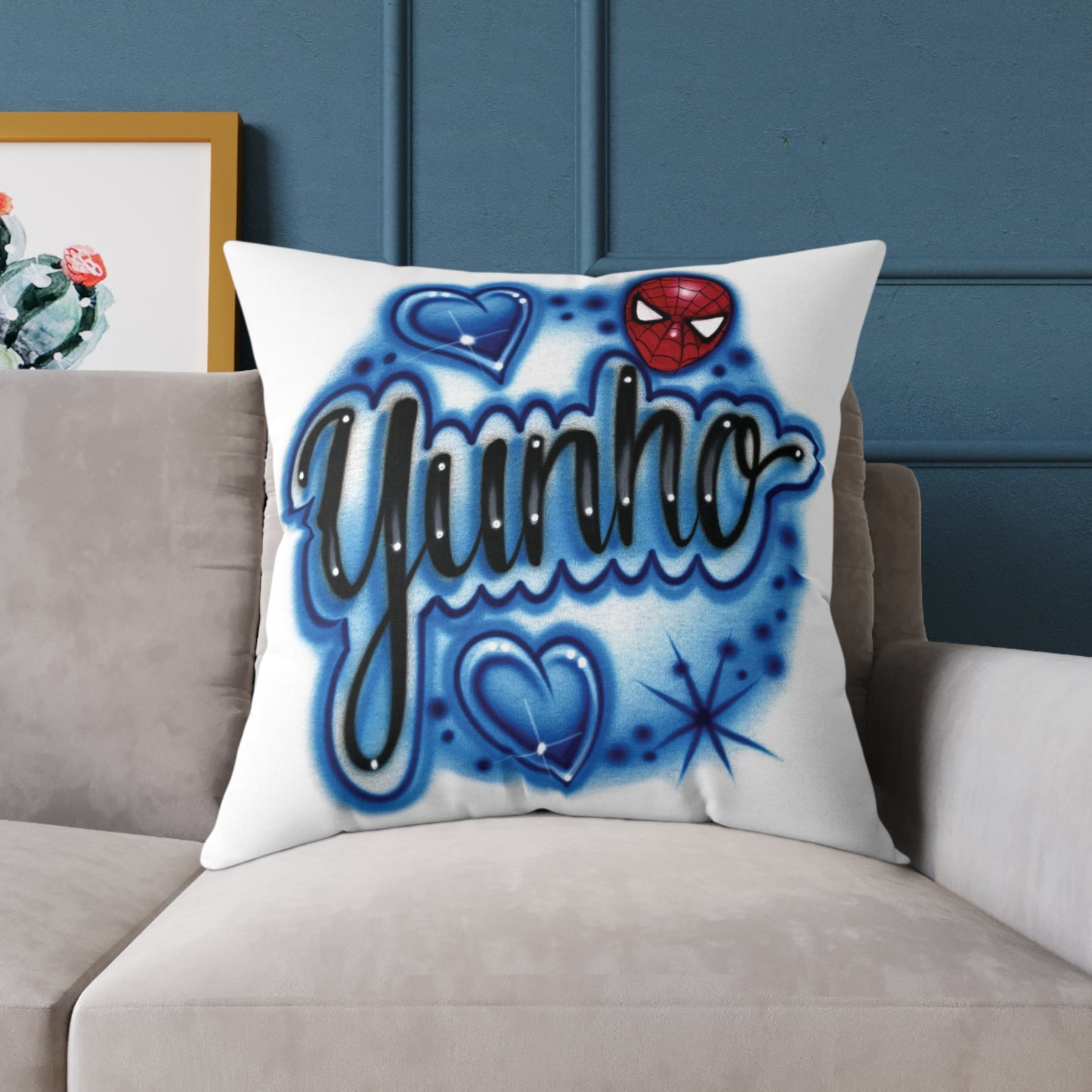 (Printed) Airbrushed Pillow - Yunho - Hearts and starbursts - Spiderman head