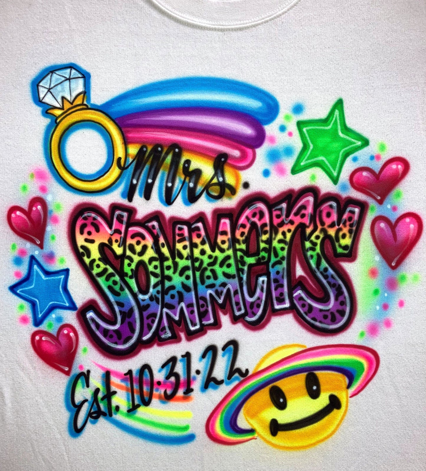 Airbrush - Bachelorette - Engagement - Ring - Cheetah print - T-shirt - Planet - Stars