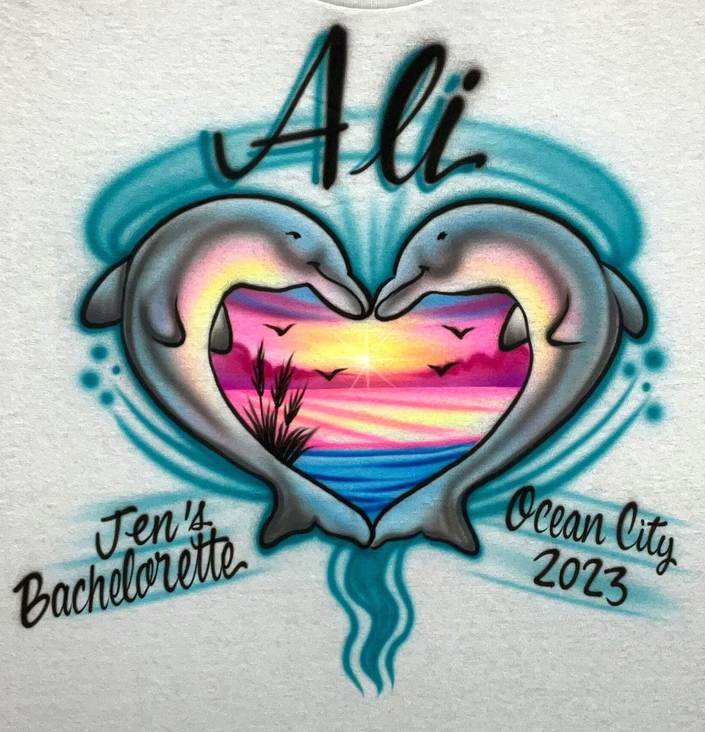 Airbrushed T-shirt - Bachelorette - Dolphin - Hearts - Beach - You Choose Color