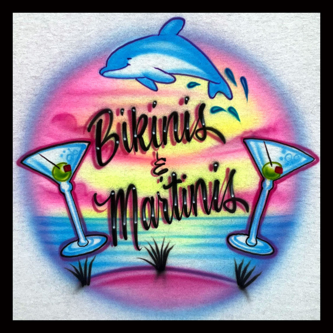 Airbrush T-shirt Beach Dolphin Martinis – Fresh Air Shirts