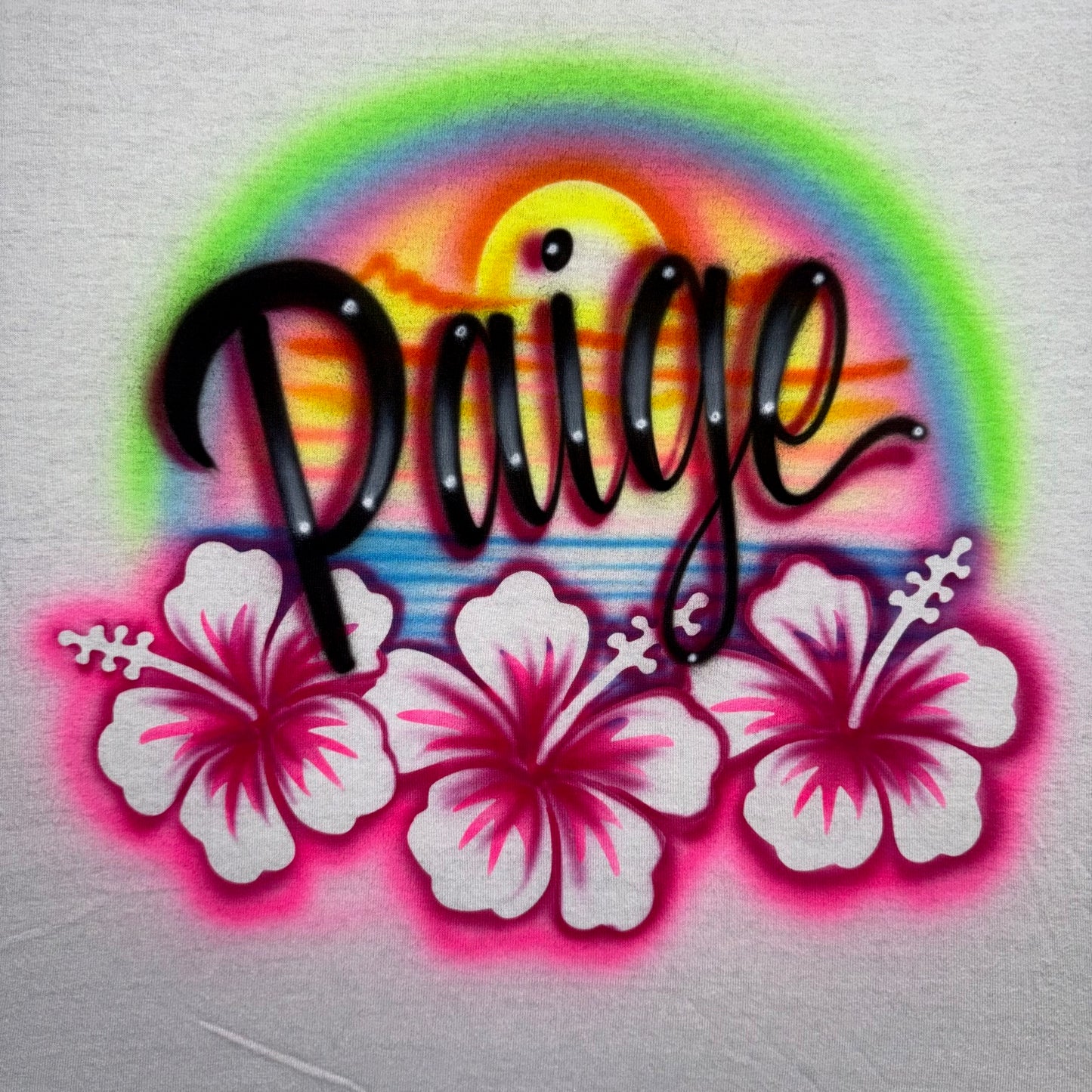 Midnight Sun Airbrushed Tee — Beach Sunset & Hibiscus Flowers