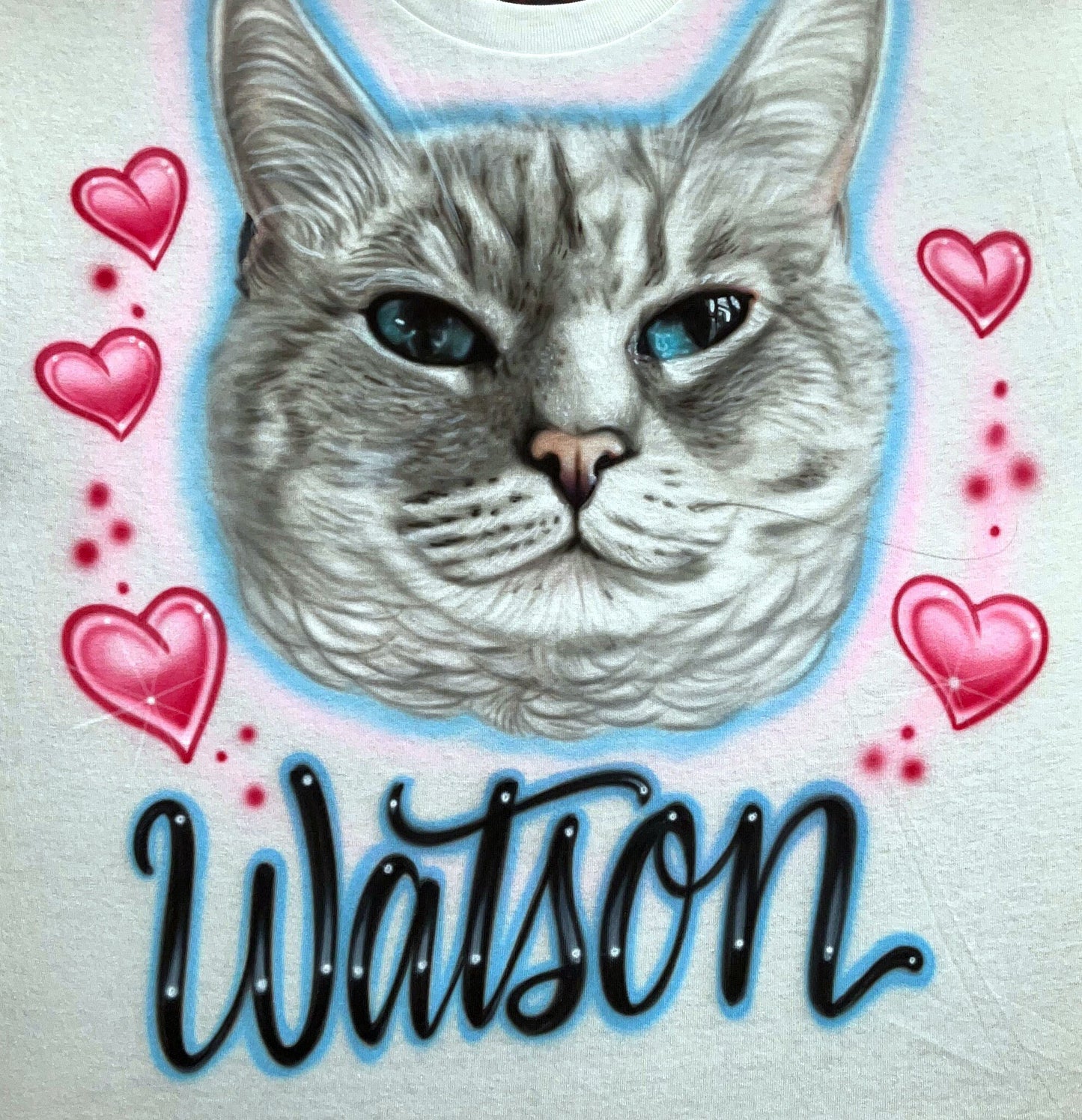 Airbrush T-shirt - Pet Portrait - with Hearts - Cat - You Choose Colors