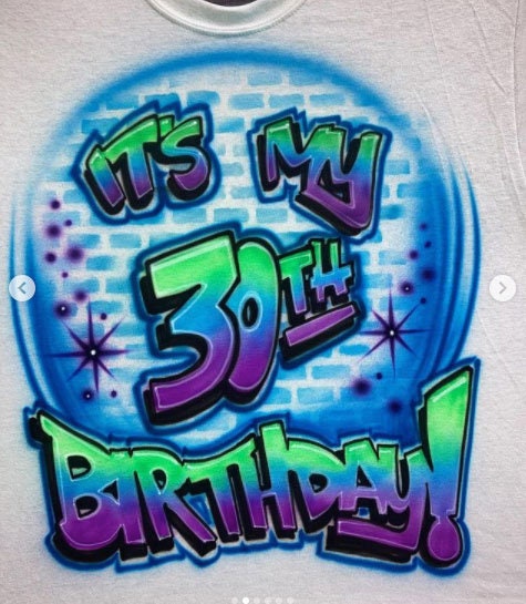 Graffiti lettering with brick background birthday airbrushed t-shirt