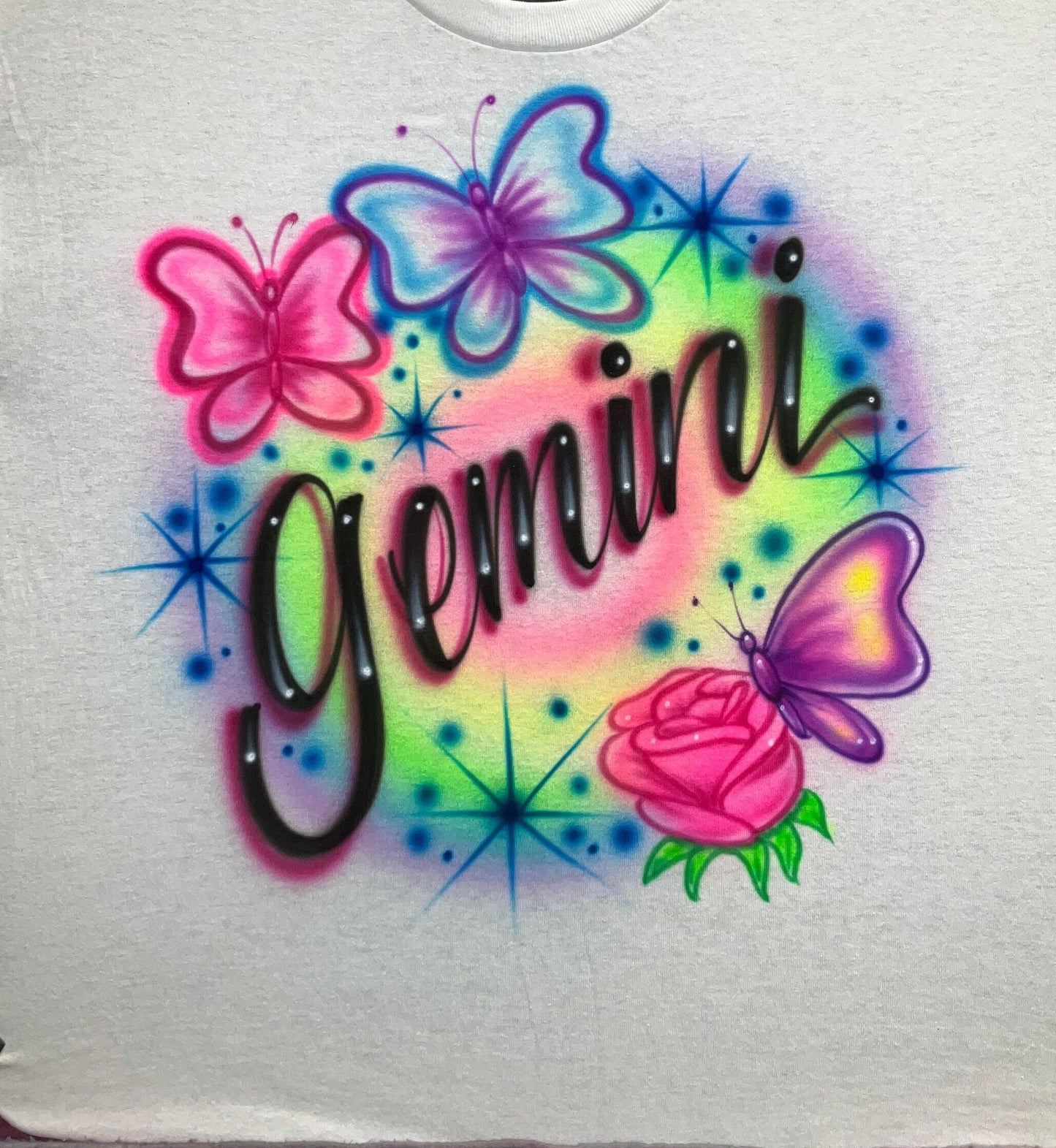 Airbrush T-Shirt - Gemini - Butterflies - Rose - Zodiac - Sign