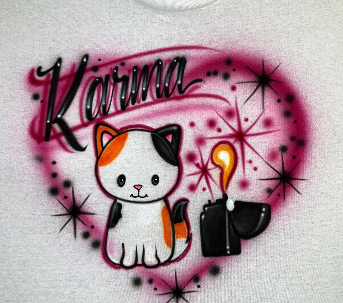 Airbrushed T-shirt * Calico cat with lighter flame * Karma