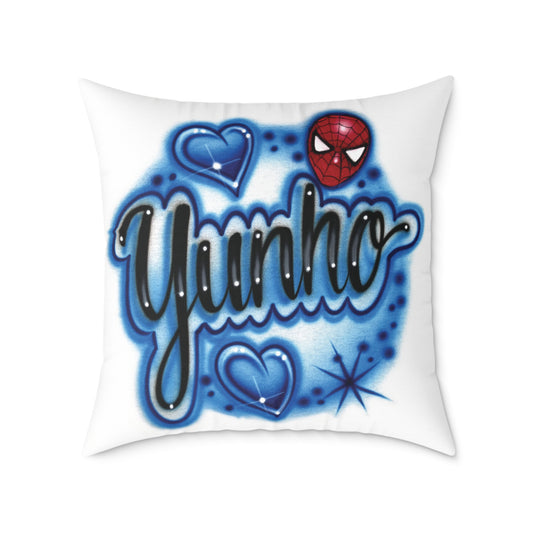 (Printed) Airbrushed Pillow - Yunho - Hearts and starbursts - Spiderman head