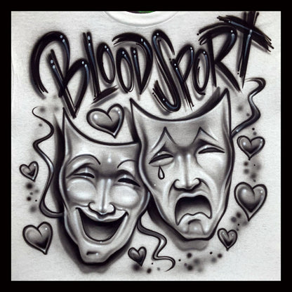 Airbrush T-shirt  - Smile Now Cry Later -theater masks - hearts