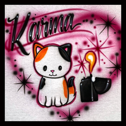 Airbrushed T-shirt * Calico cat with lighter flame * Karma