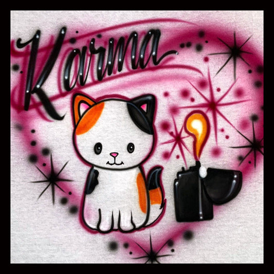Airbrushed T-shirt * Calico cat with lighter flame * Karma