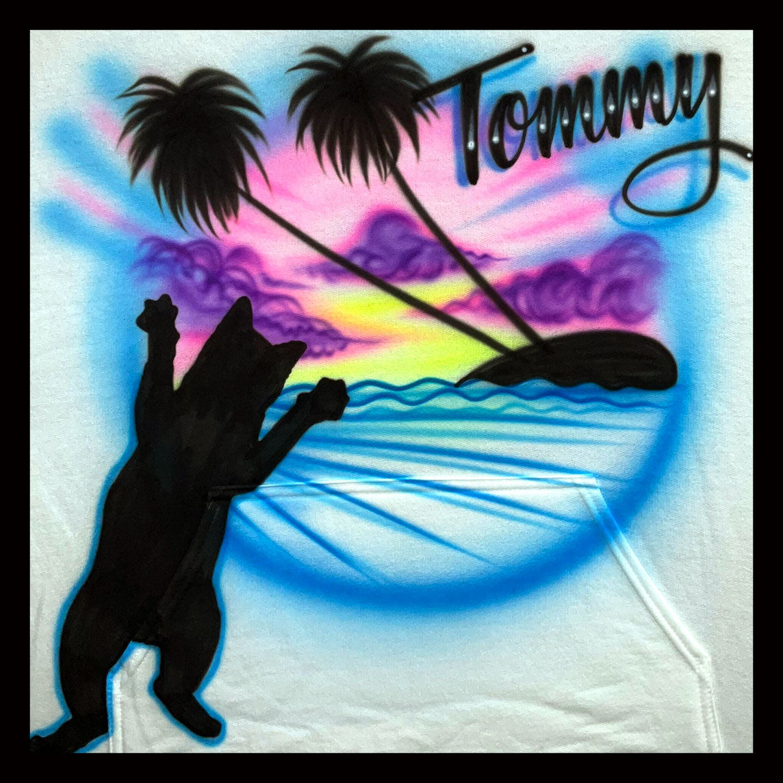 Airbrush T-Shirt - Cat silhouette - Beach - Sunset - Your Word