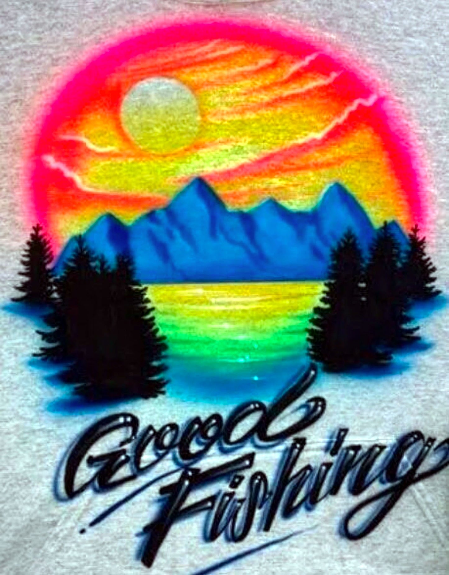 Airbrush T-shirt - Mountain Scene - Fishing - Personalized - Custom - Gift - 2 Words