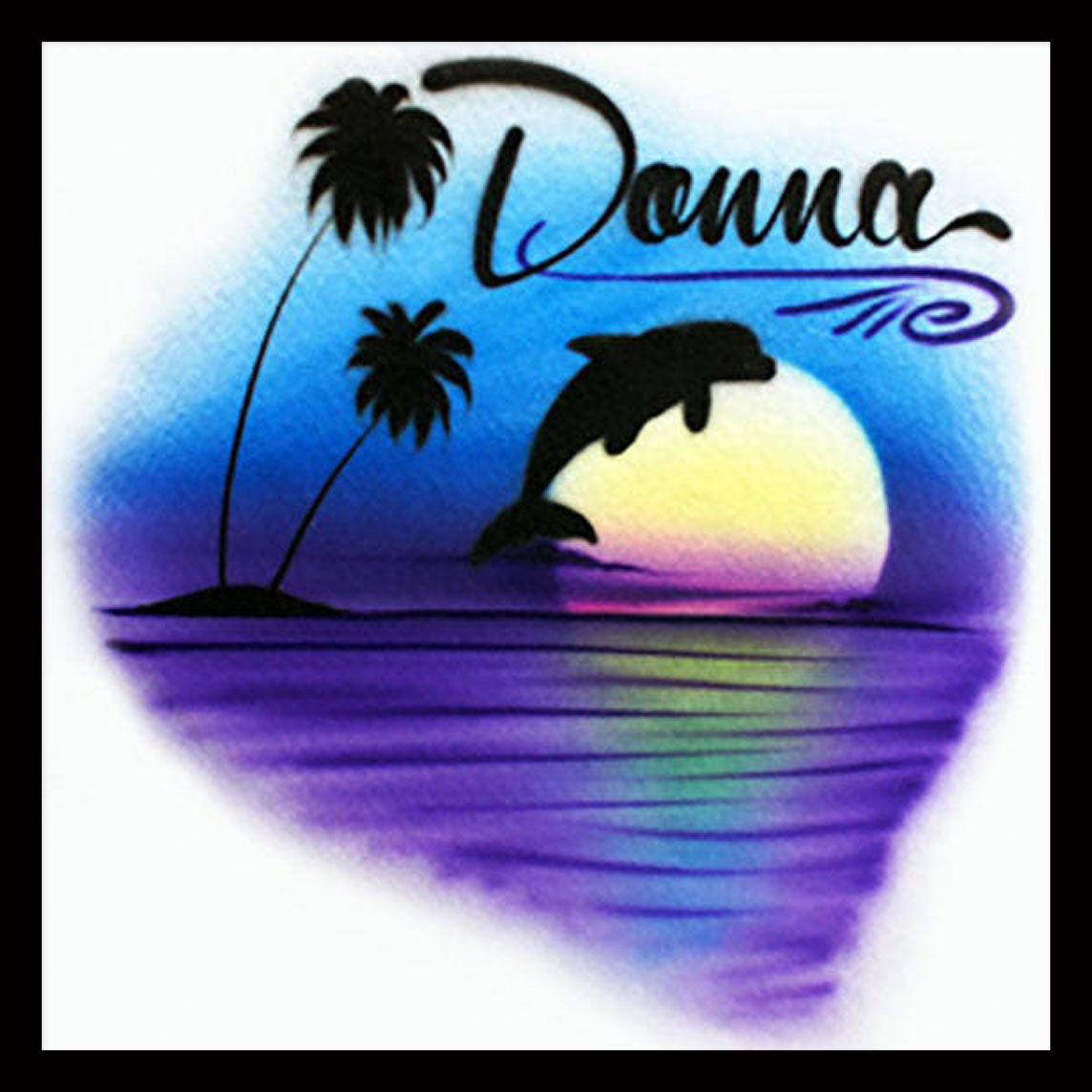 Airbrushed T-shirt - 2 Palm Dolphin Beach Scene - Your Name/Word
