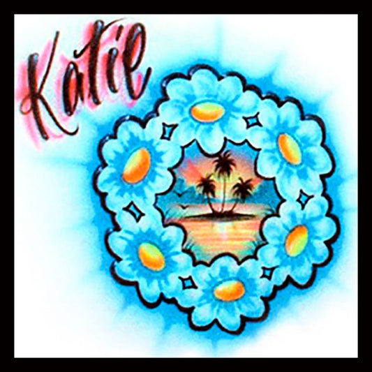 Airbrushed T-shirt - Floral Wreath Beach Design - Hawaii - Island - Your Name/Word