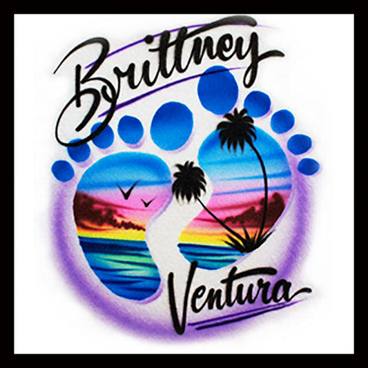 Airbrushed T-shirt - Foot Prints Beach Scene - Your Name