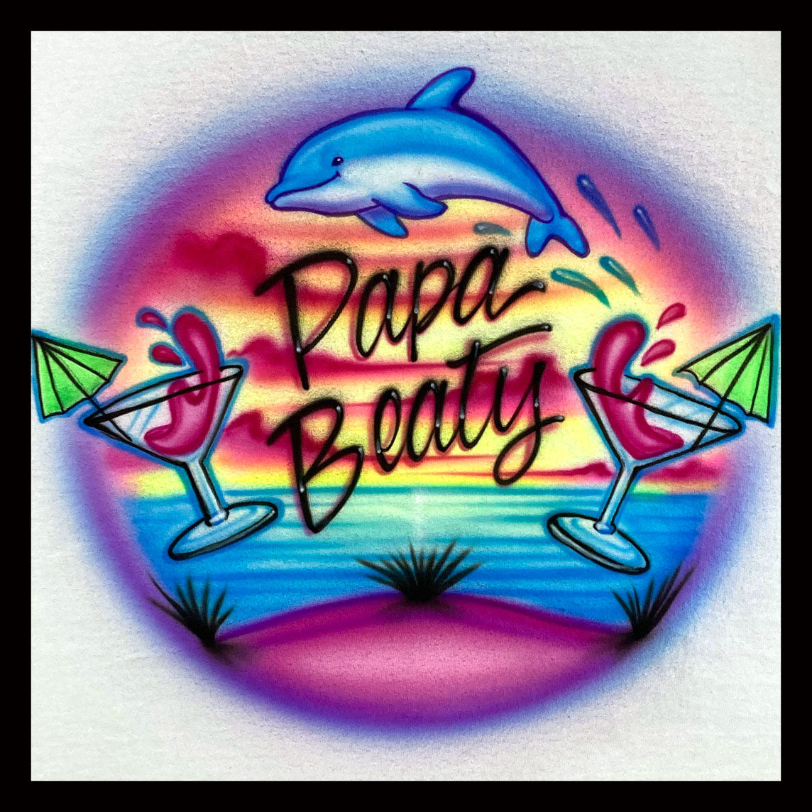 Airbrush T-shirt - Martini Beach Dolphin Scene - Alcohol - Drink - Dolphin - Personalized - Custom - Gift