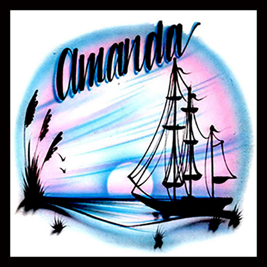 Airbrushed T-shirt - Ship Beach Scene - Sail Boat - Your Name/Word