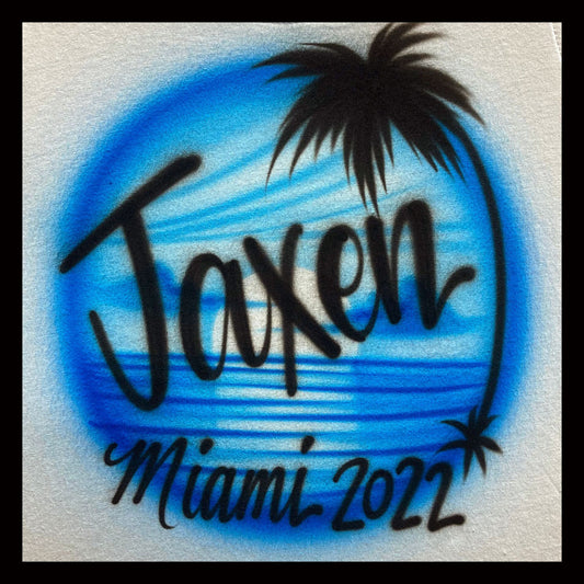 Airbrush T-shirt - Beach Scene - Sunset - Palm Tree - Personalized - Custom - You choose color