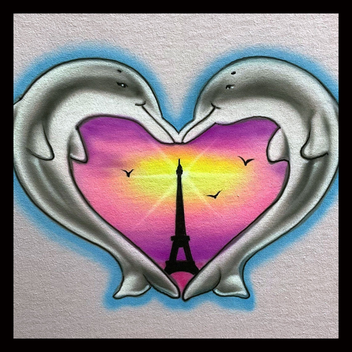Dolphin Heart Eiffel Tower airbrushed T-shirt -  Paris