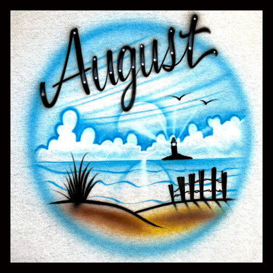 Airbrushed T-shirt - Beach scene - Lighthouse - Your Choose Name/Word
