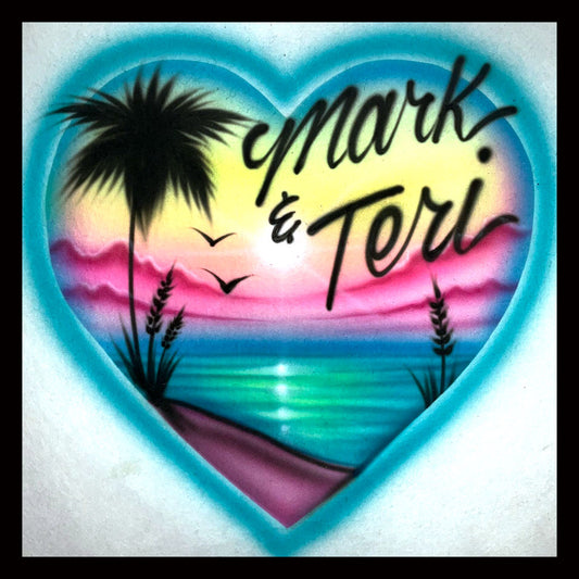 Airbrushed T-Shirt * Beach * Heart * Palm * Sunset * Your name/word