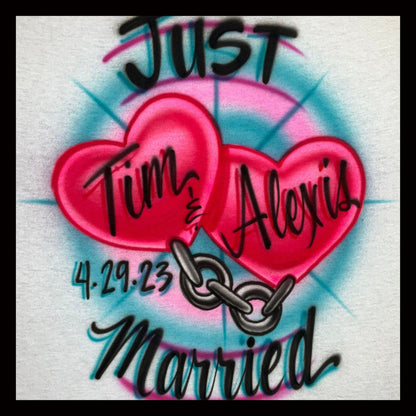 Airbrush T-shirt - Just Married - Chain Link - Hearts - You Choose Colors