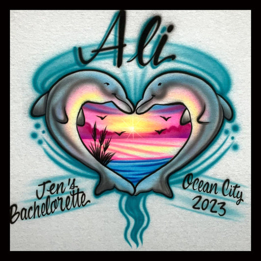 Airbrushed T-shirt - Bachelorette - Dolphin - Hearts - Beach - You Choose Color