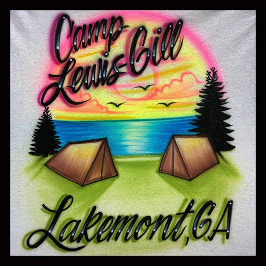 Lake-themed with camping tents and trees airbrushed t-shirt
