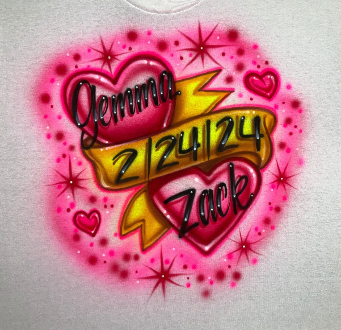 Two Hearts with Names & Gold Banner airbrushed t-shirt