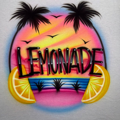 Airbrushed Lemonade shirt with bold lettering, sunset beach scene, palm trees, ocean water and lemon slices, fan-inspired tropical design