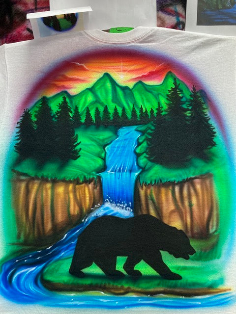 Airbrushed Bear, Mountain & River Sunset T-Shirt