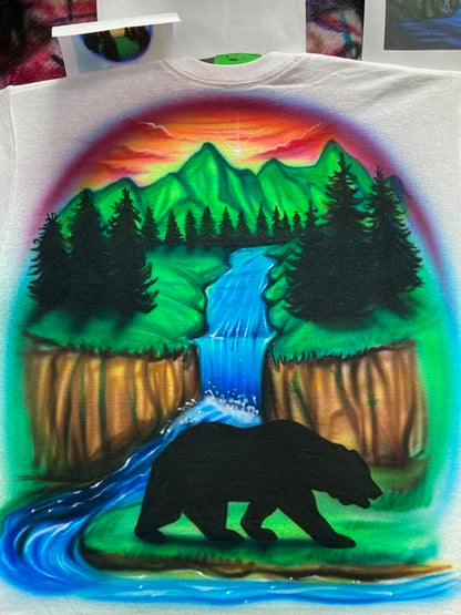 Airbrushed Bear, Mountain & River Sunset T-Shirt