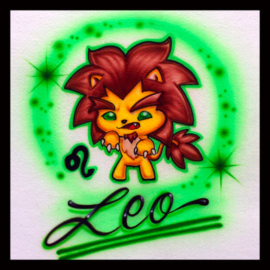 Airbrush T-shirt with a zodiac Leo symbol as a cute lion