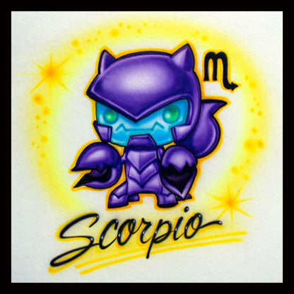 Airbrush T-shirt - with Scorpio zodiac emblem and a  cute cartoon scorpion