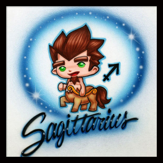 Airbrush T-Shirt - the word "Sagittarius" with a zodiac emblem and a cartoon centaur