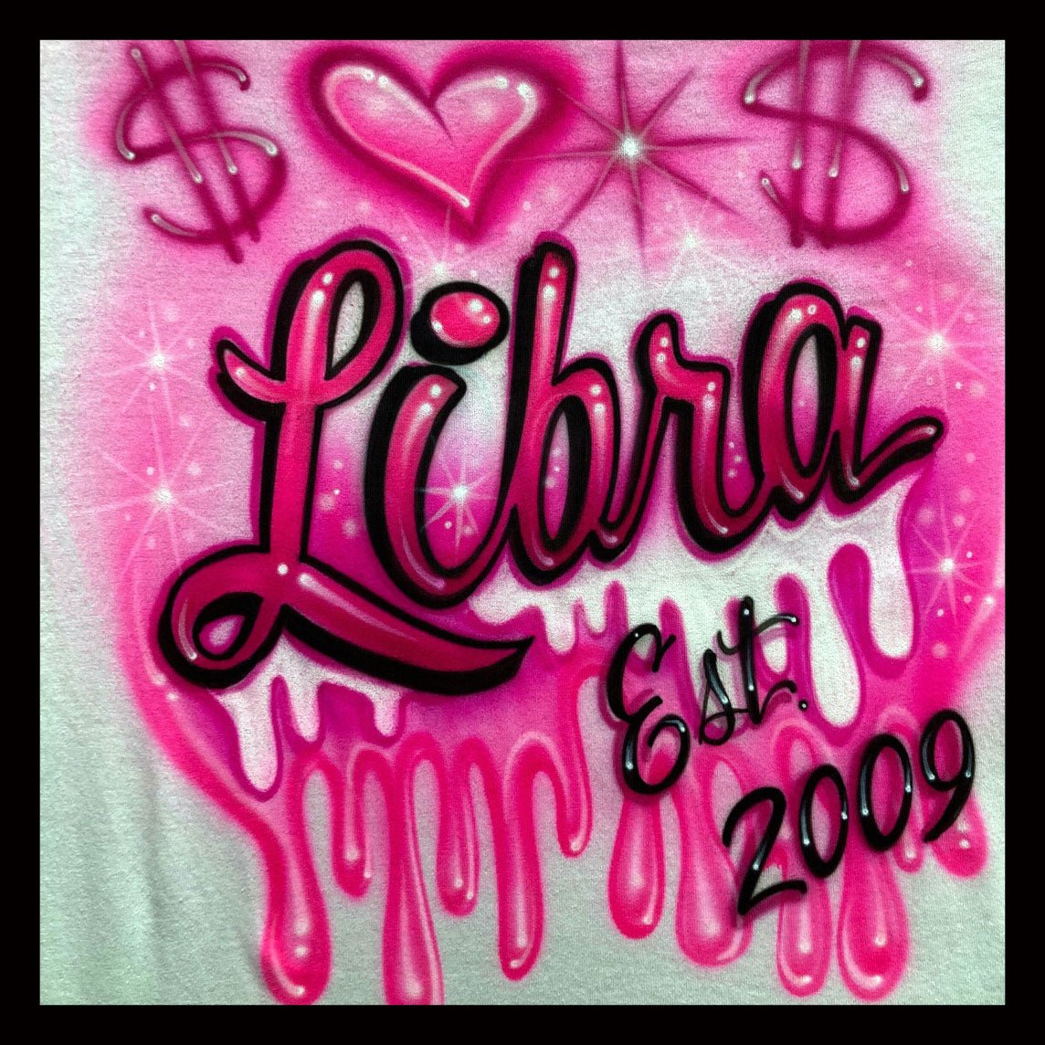 Airbrush T-Shirt - Zodiac - Birthday - Libra - Drippy letters - Heart - Money
