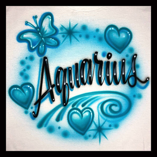 Airbrush T-Shirt - Your Astrological sign with hearts and  butterfly - Aquarius - Pisces - Other