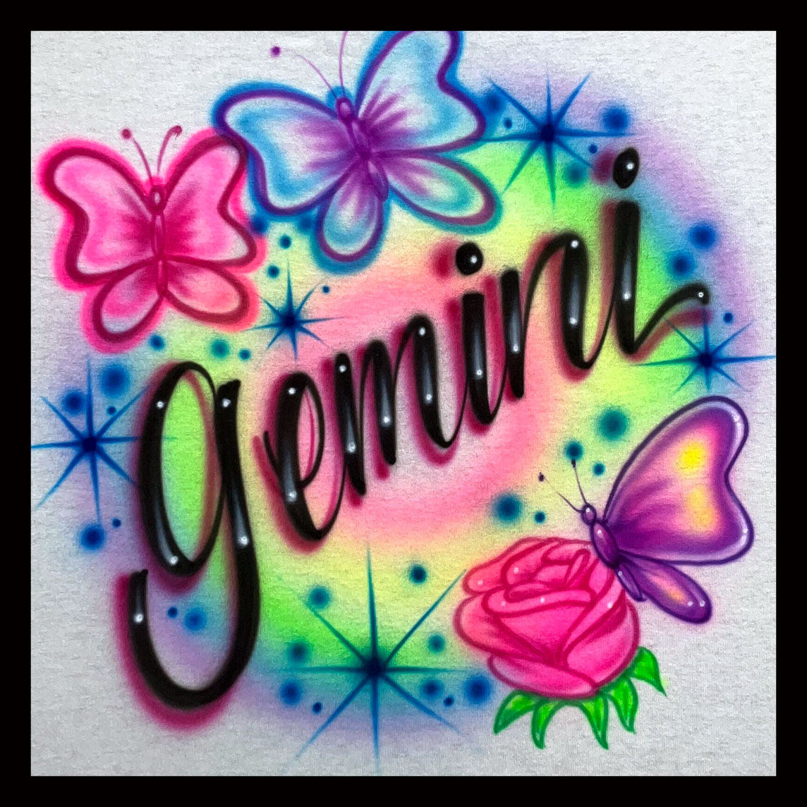 Airbrush T-Shirt - Gemini - Butterflies - Rose - Zodiac - Sign