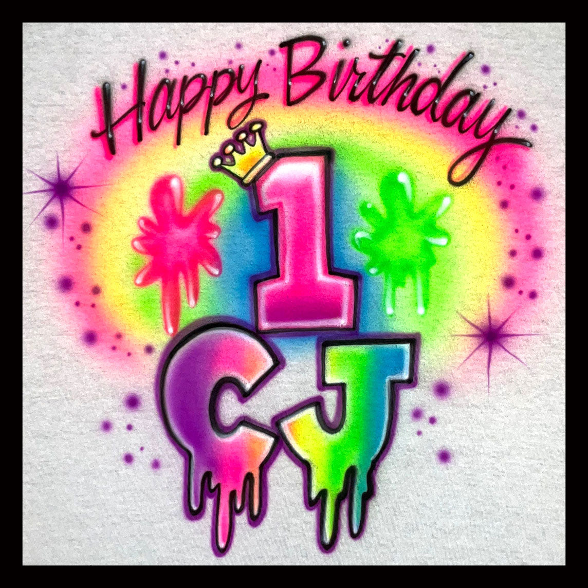 Airbrush T-shirt - Birthday - Crown - Drippy letters - You Choose Age