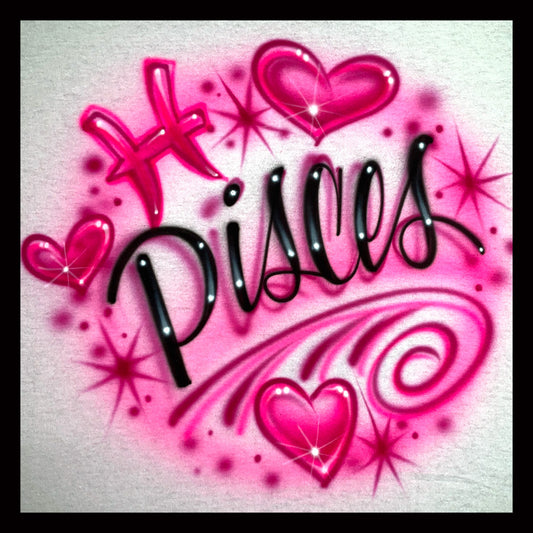 Airbrushed Tee - Pisces zodiac symbol with hearts