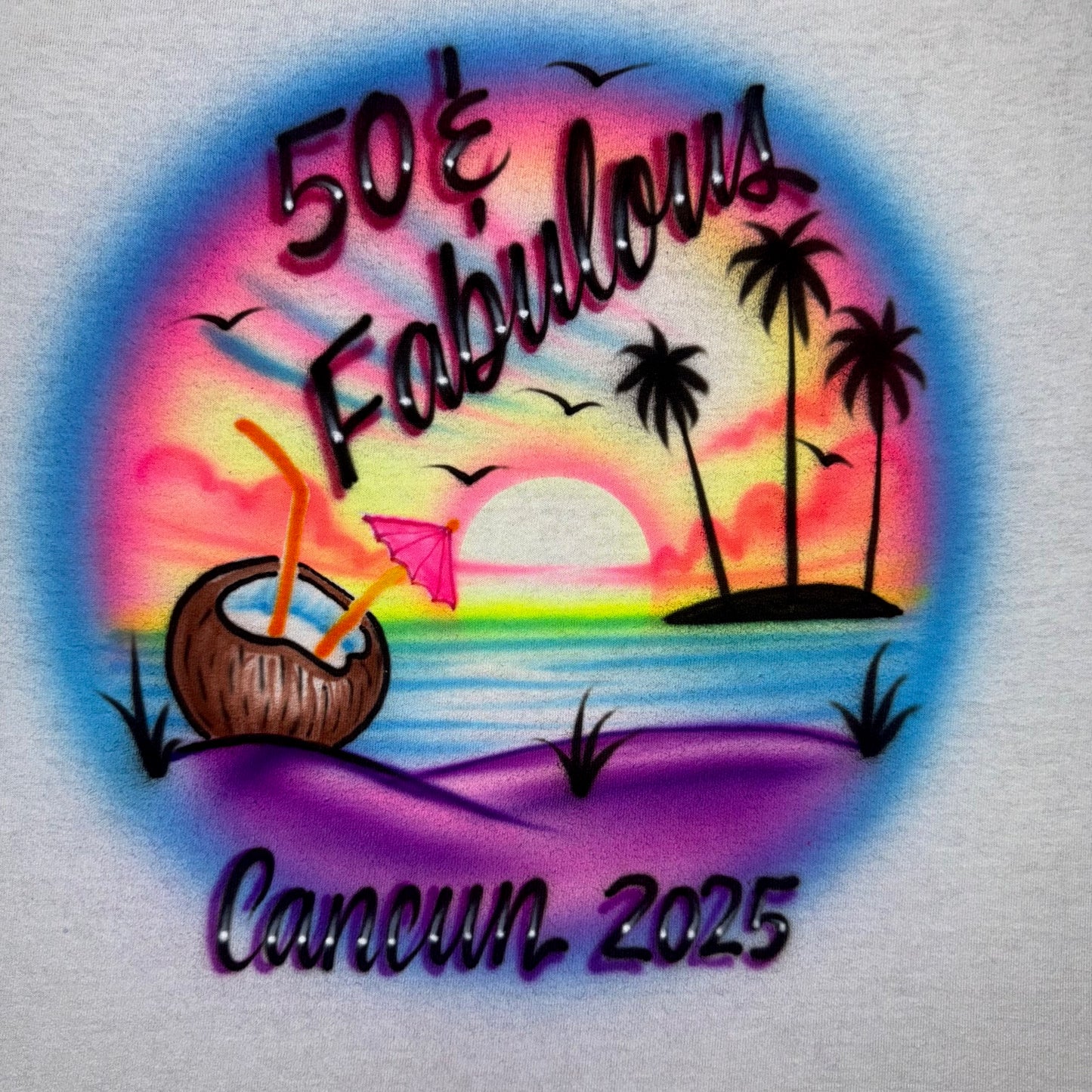 Airbrushed Sunset Beach T-Shirt with Coconut Drink