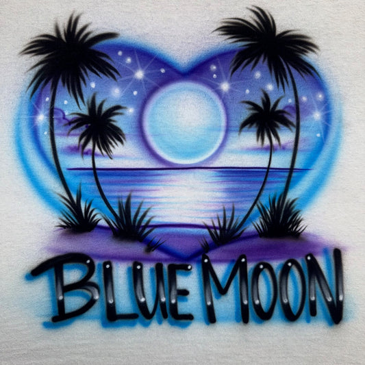 Airbrushed Blue Moon shirt with heart-shaped background, ocean water, stars, moon, and palm trees, fan-inspired handmade design