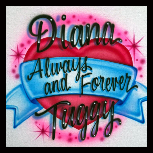 Airbrush T-shirt - 2 Name Heart with Ribbon