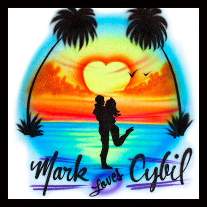 Airbrush T-shirt - Couple Beach Scene -Sunset Heart - Your 2 Names
