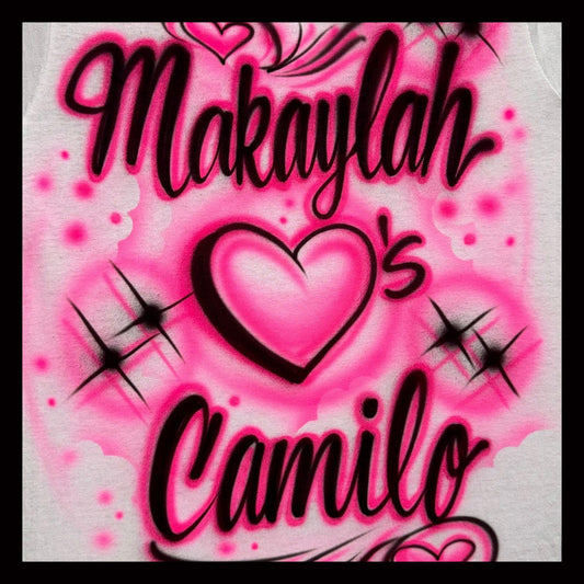 Personalized Couples Airbrushed Tee — Custom “Name ❤️’s Name” with Hearts & Starbursts (Full-Front Design)