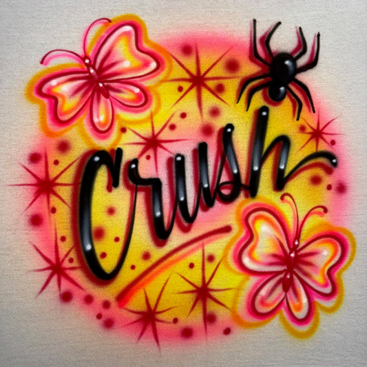 Airbrushed Crush design with butterflies and black spider inspired by Midnight Sun era, fan-inspired pop music shirt by Fresh Air Shirts