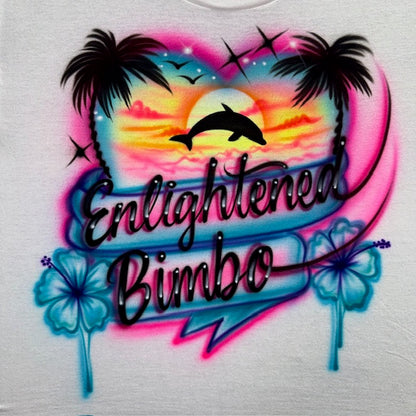 Airbrushed Enlightened Bimbo sunset heart design with palm trees, hibiscus flowers, dolphin silhouette and vibrant tropical colors