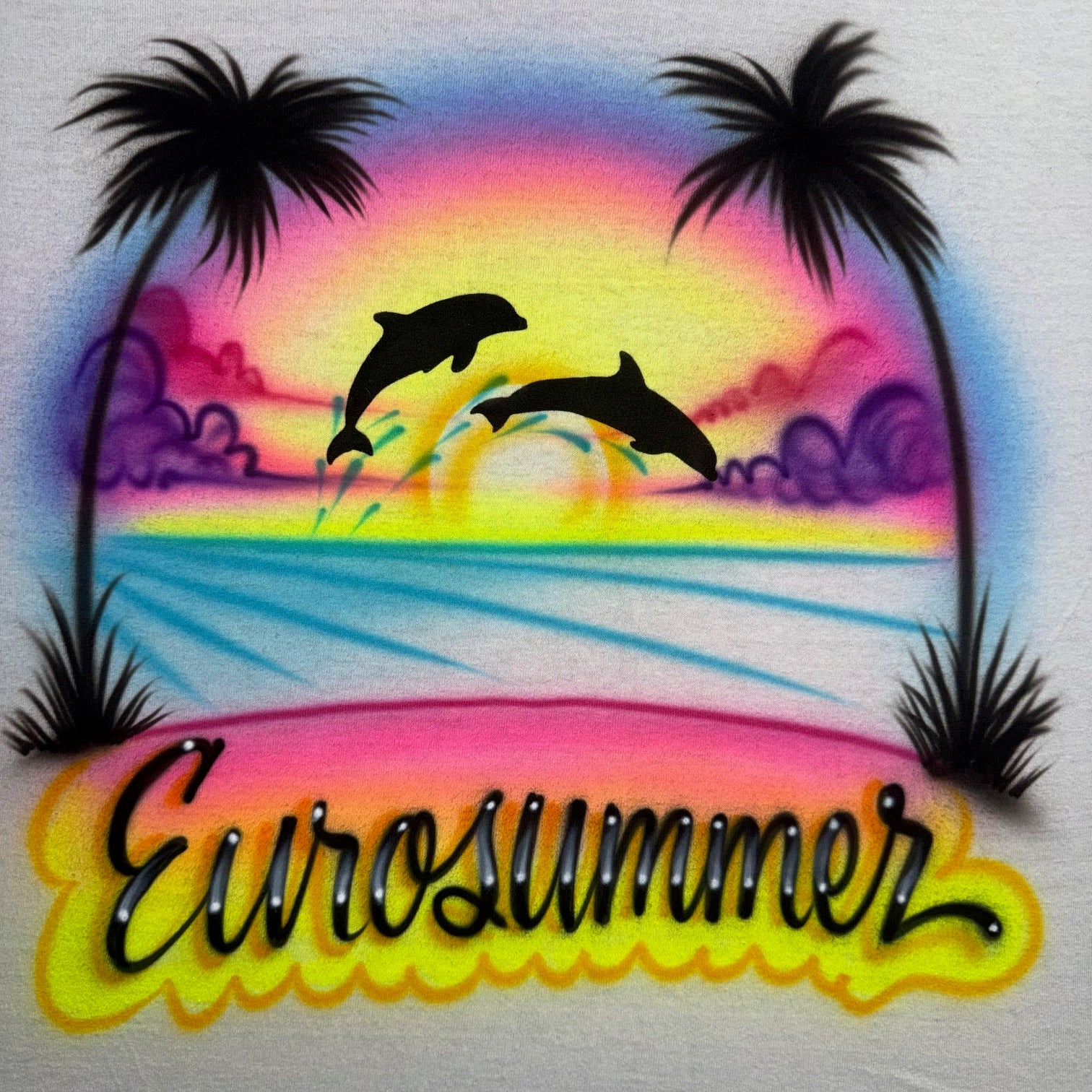 Airbrushed Eurosummer design with neon sunset, dolphins, palm trees, and tropical ocean scene.