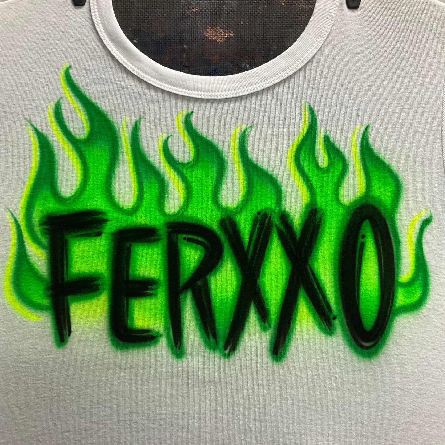 Flames with scratch lettering airbrushed t-shirt
