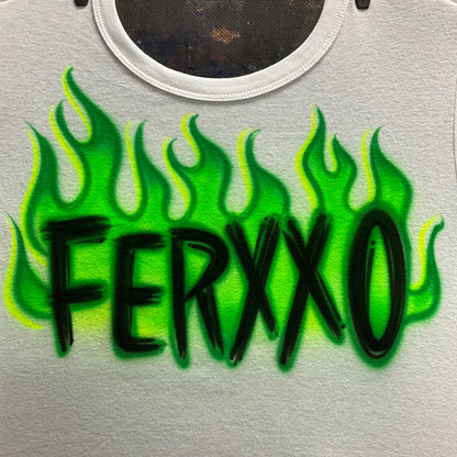 Flames with scratch lettering airbrushed t-shirt